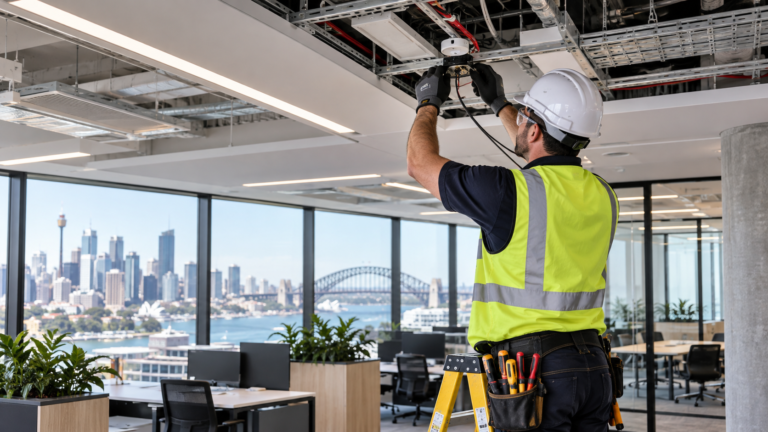 Commercial electrician inspecting ceiling electrical wiring in a modern Sydney office