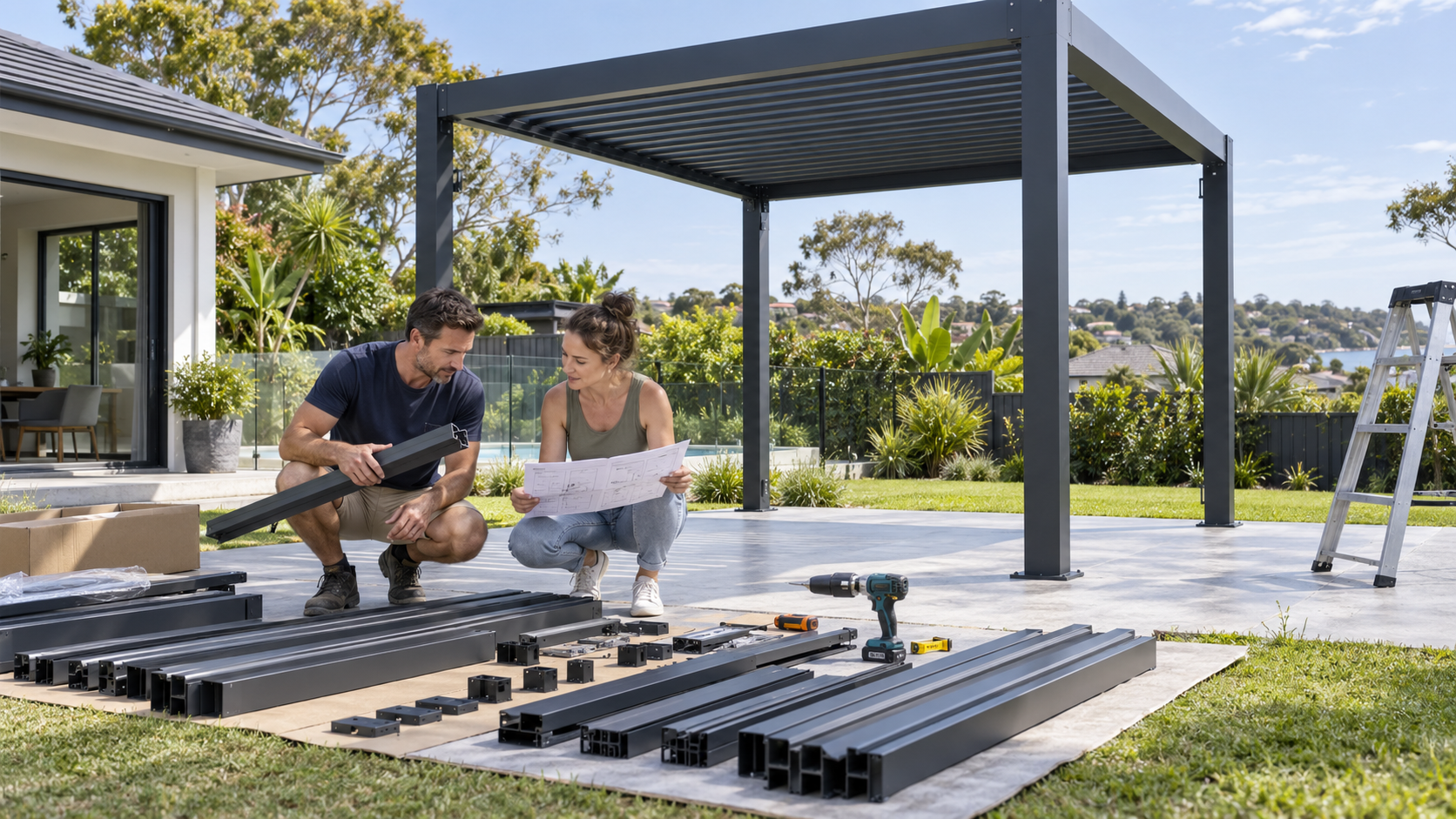 Electrician installing outdoor lighting in an illuminated Australian garden