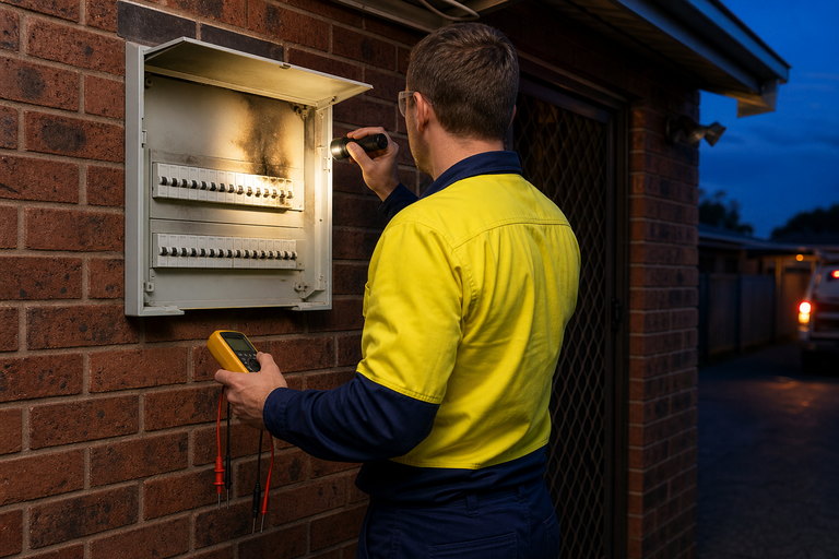 Electrician examining a damaged switchboard during an after-hours callout at a Sydney property
