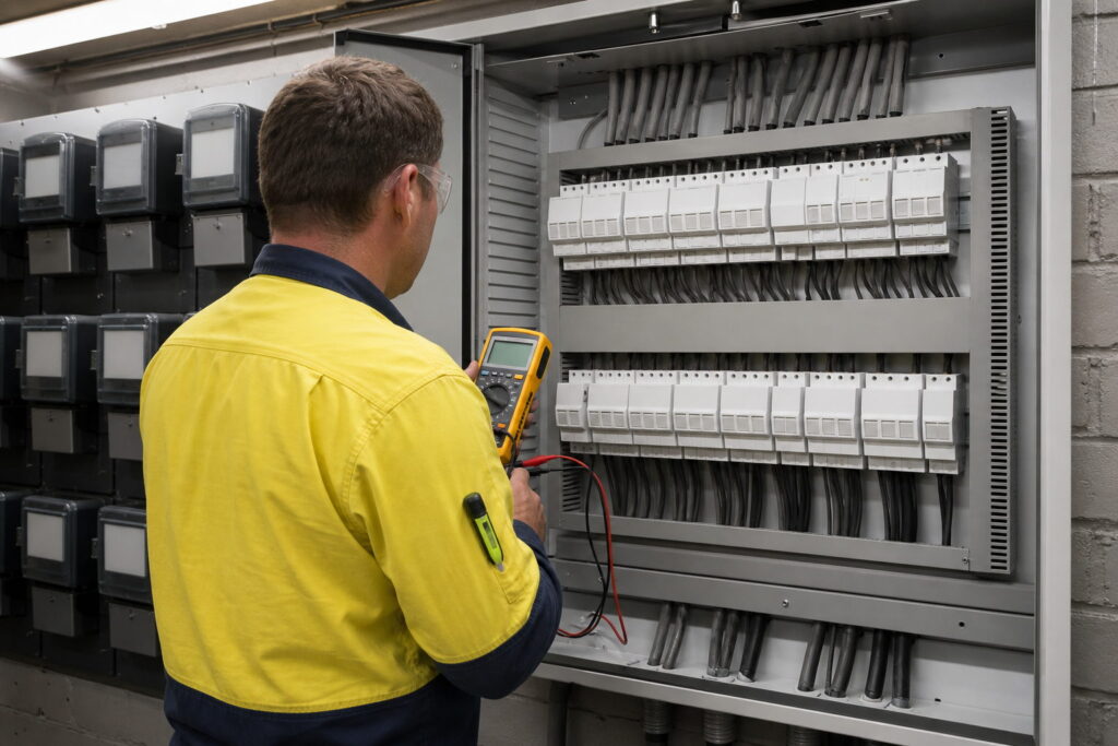Electrician inspecting a shared switchboard in the meter room of a Sydney strata building